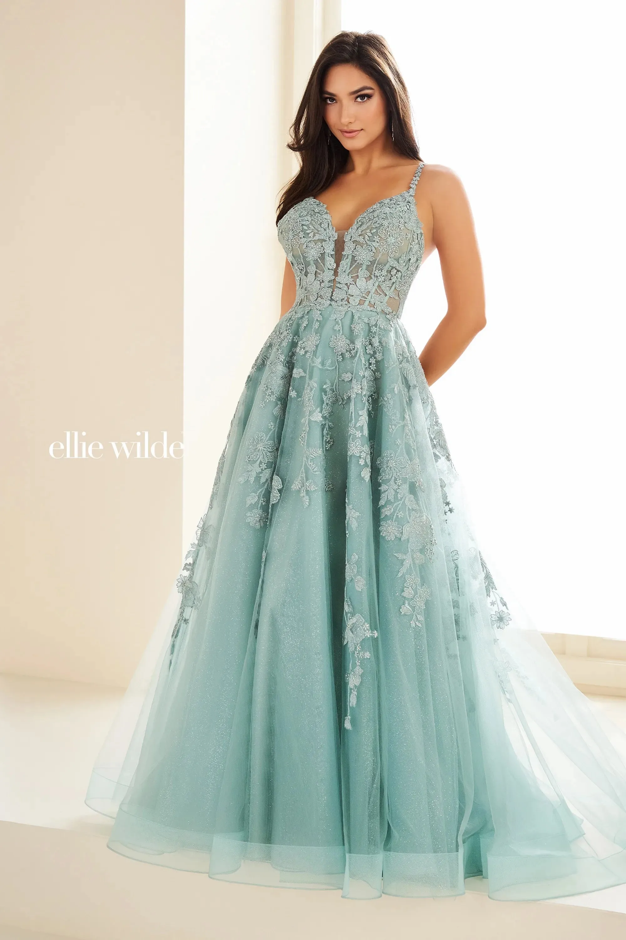 Ellie Wilde EW36015 Size 2 Purple Long sheer lace A Line Prom Dress Shimmer Pageant Gown Formal Ballgown