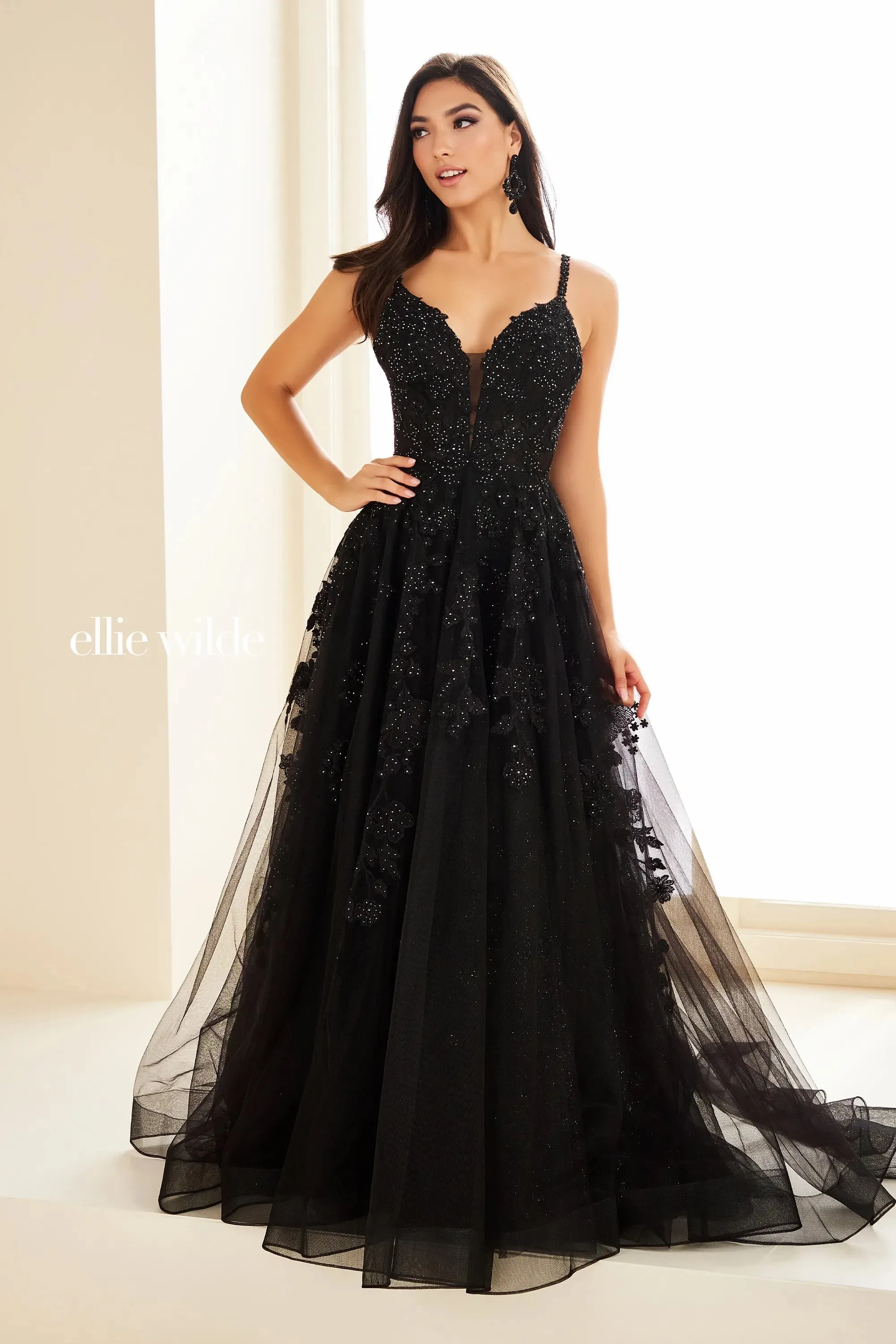 Ellie Wilde EW36015 Size 2 Purple Long sheer lace A Line Prom Dress Shimmer Pageant Gown Formal Ballgown