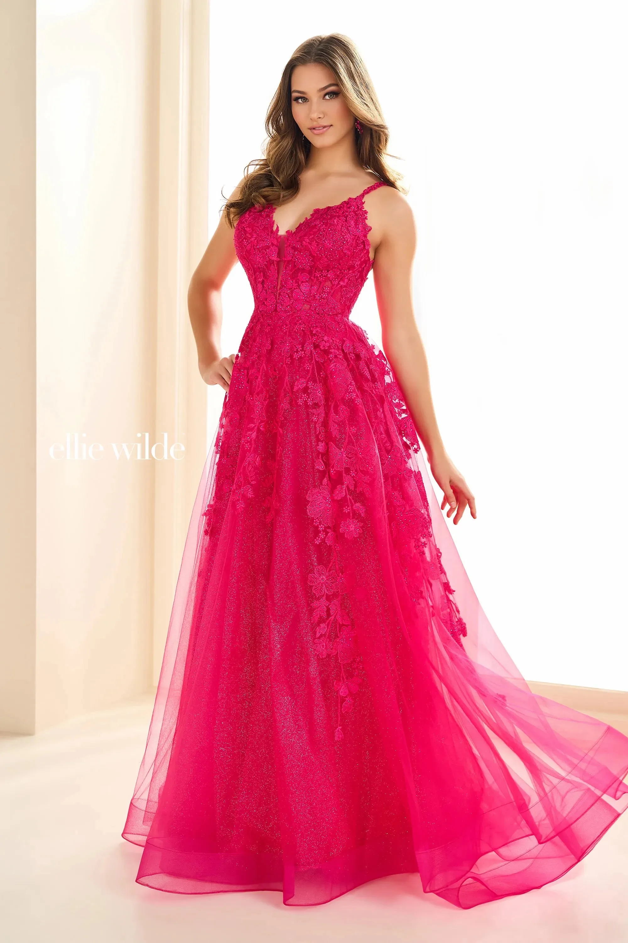 Ellie Wilde EW36015 Size 2 Purple Long sheer lace A Line Prom Dress Shimmer Pageant Gown Formal Ballgown