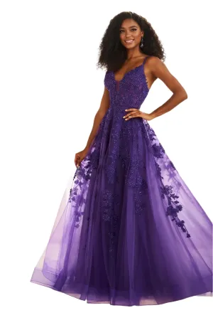 Ellie Wilde EW36015 Size 2 Purple Long sheer lace A Line Prom Dress Shimmer Pageant Gown Formal Ballgown