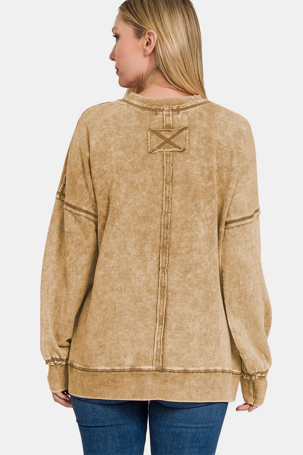 Explore More Collection - Zenana Exposed Seam Round Neck Dropped Shoulder Sweatshirt