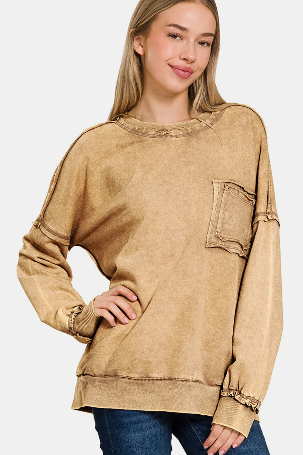 Explore More Collection - Zenana Exposed Seam Round Neck Dropped Shoulder Sweatshirt