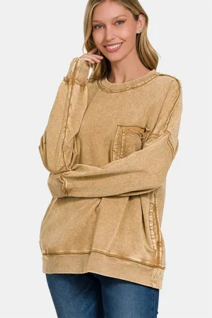 Explore More Collection - Zenana Exposed Seam Round Neck Dropped Shoulder Sweatshirt
