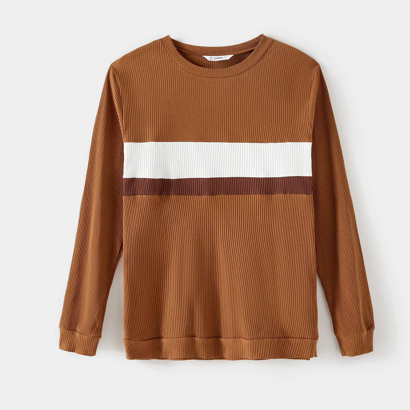 Family Matching Coffee Ribbed Spliced Plaid Belted Dresses and Long-sleeve Colorblock Tops Set