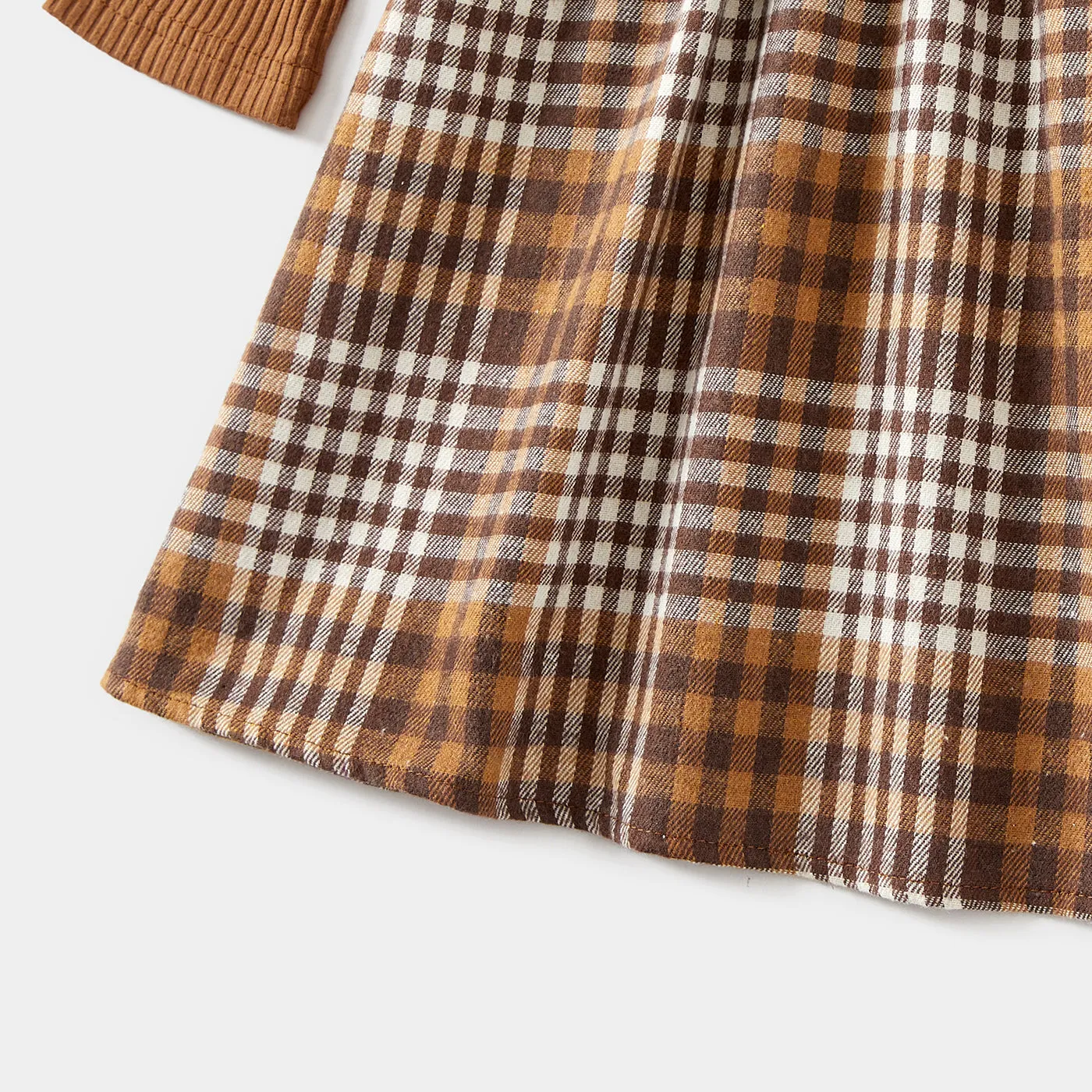 Family Matching Coffee Ribbed Spliced Plaid Belted Dresses and Long-sleeve Colorblock Tops Set