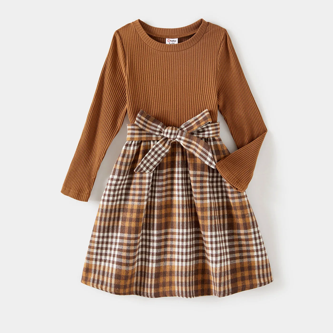 Family Matching Coffee Ribbed Spliced Plaid Belted Dresses and Long-sleeve Colorblock Tops Set