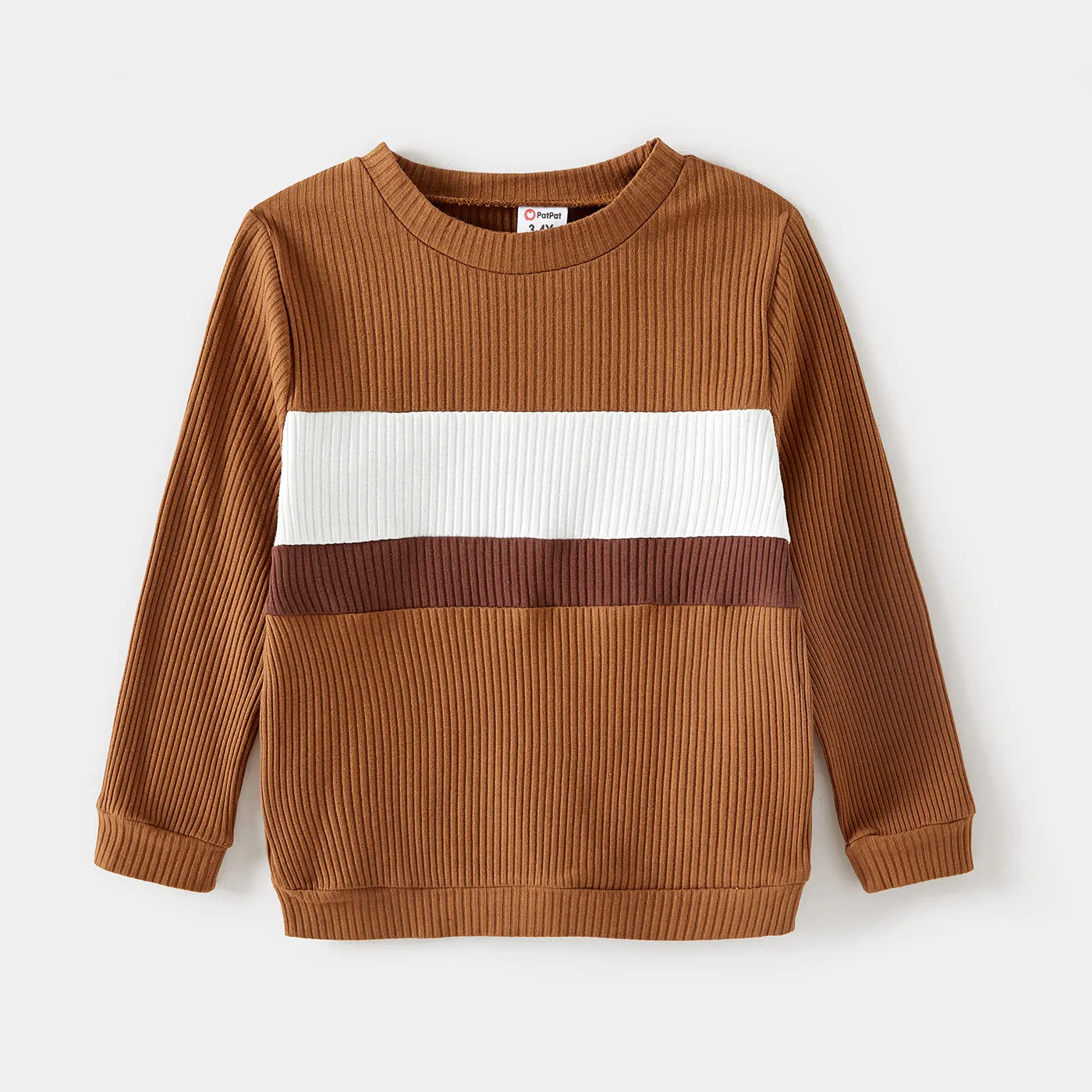 Family Matching Coffee Ribbed Spliced Plaid Belted Dresses and Long-sleeve Colorblock Tops Set