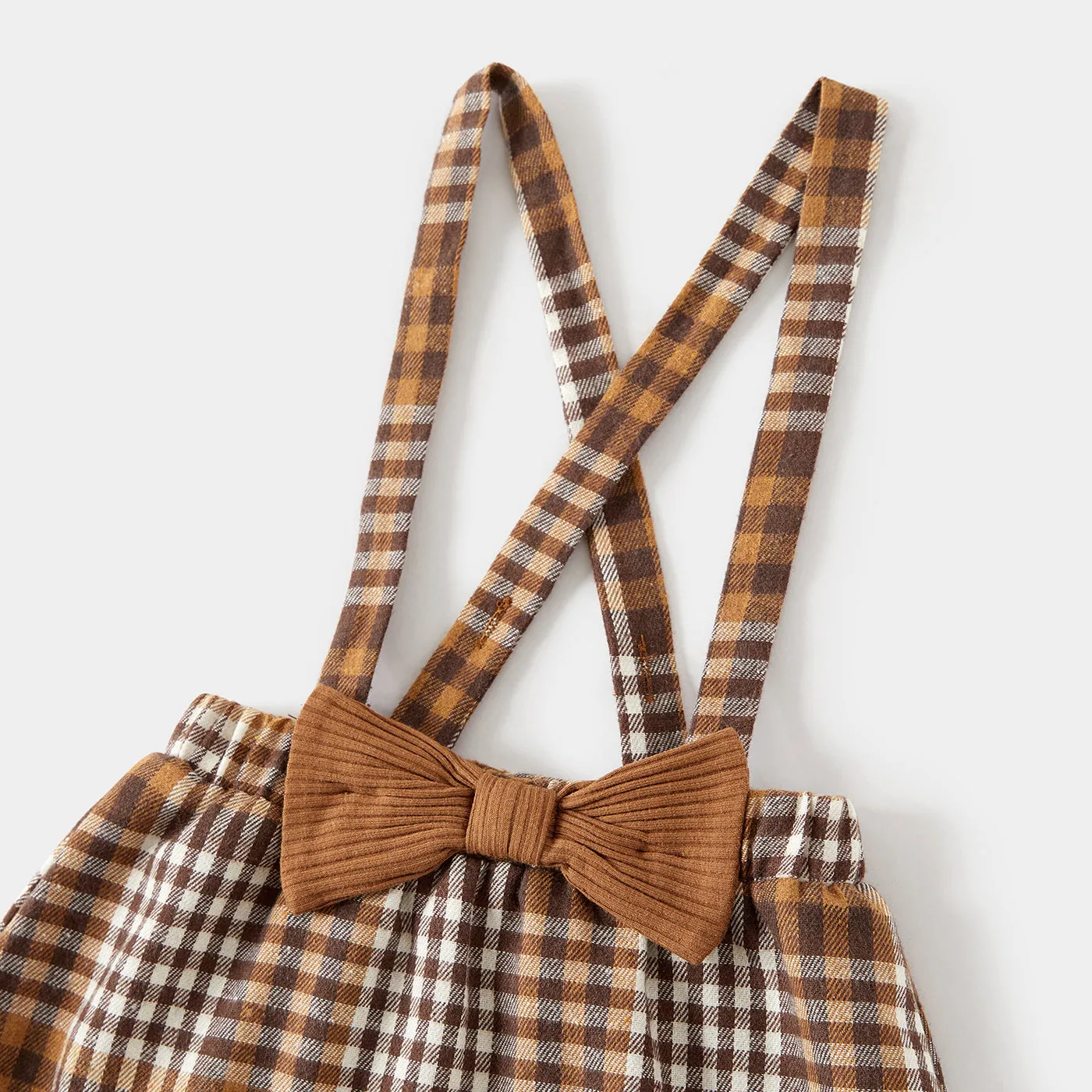 Family Matching Coffee Ribbed Spliced Plaid Belted Dresses and Long-sleeve Colorblock Tops Set