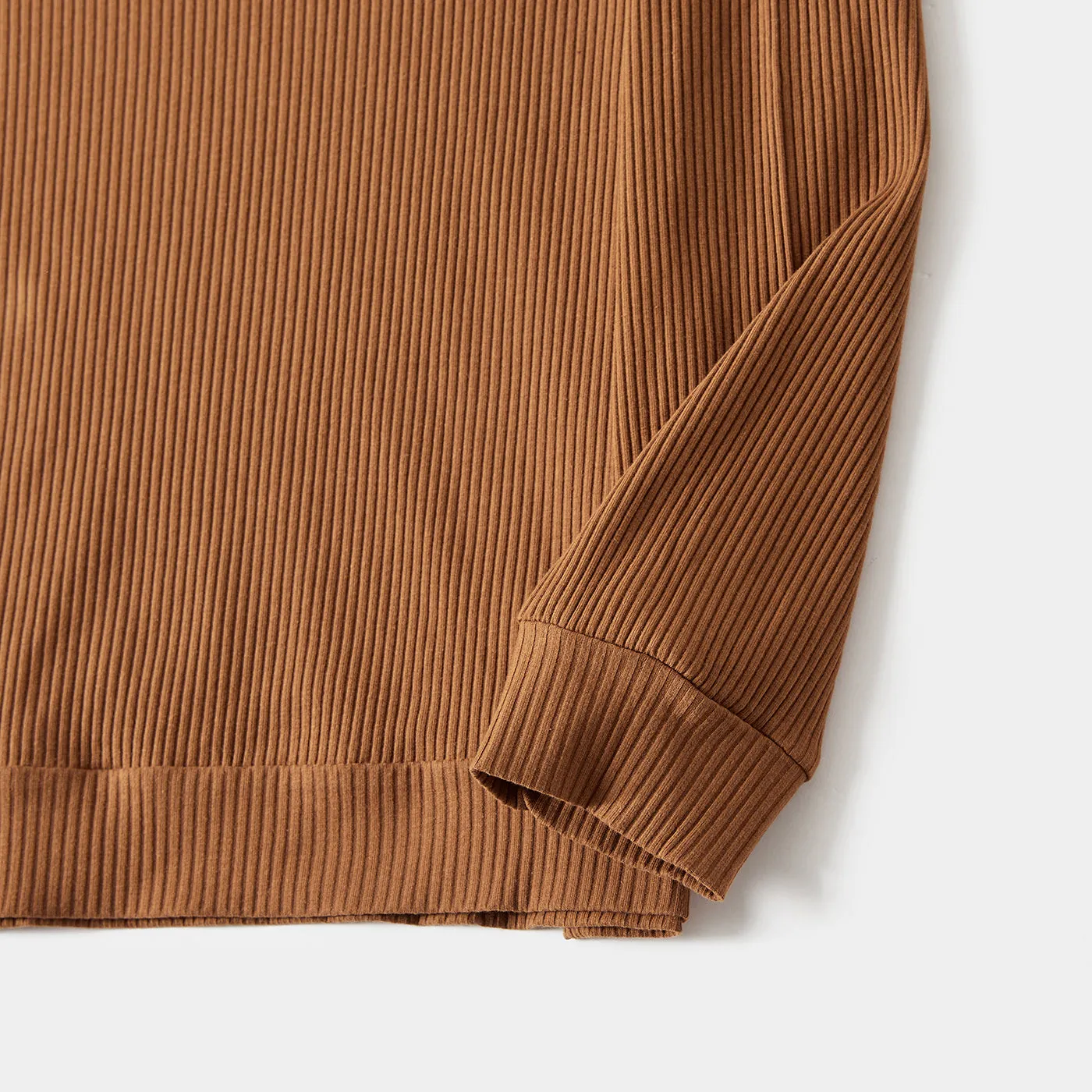 Family Matching Coffee Ribbed Spliced Plaid Belted Dresses and Long-sleeve Colorblock Tops Set