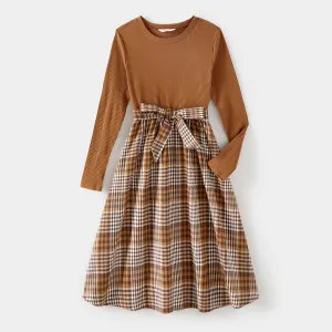 Family Matching Coffee Ribbed Spliced Plaid Belted Dresses and Long-sleeve Colorblock Tops Set
