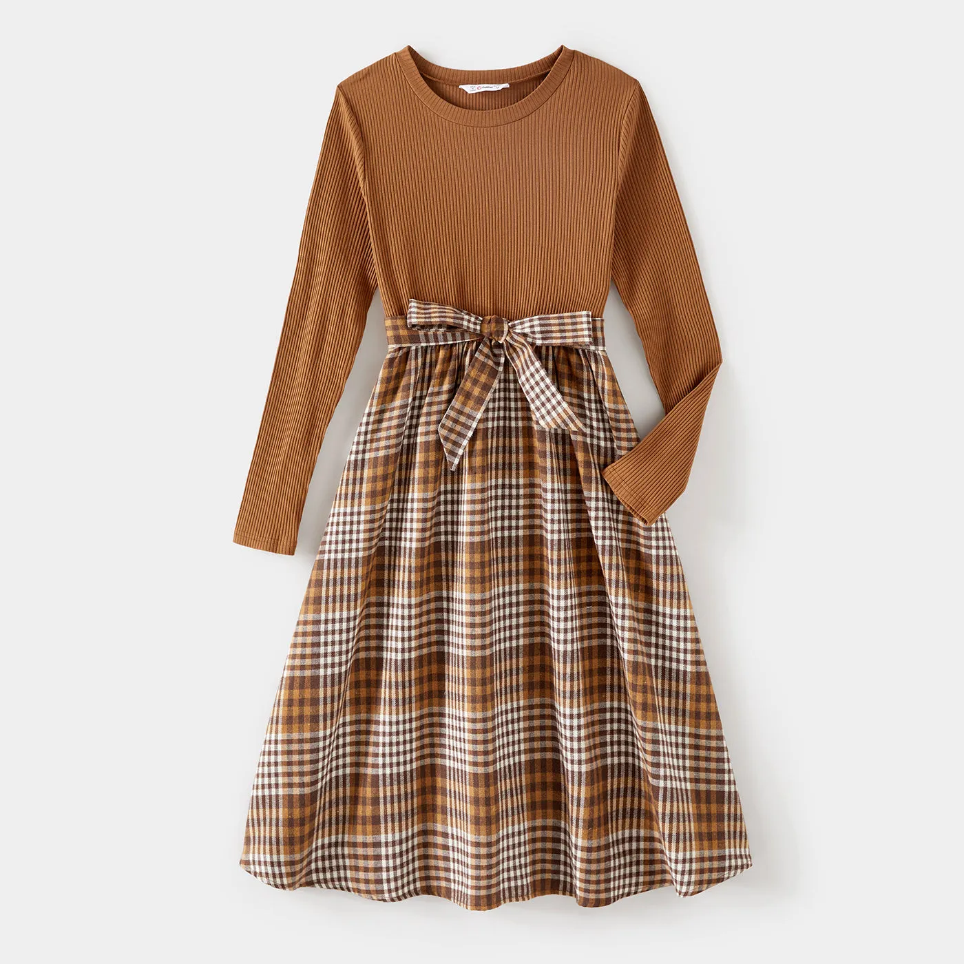 Family Matching Coffee Ribbed Spliced Plaid Belted Dresses and Long-sleeve Colorblock Tops Set