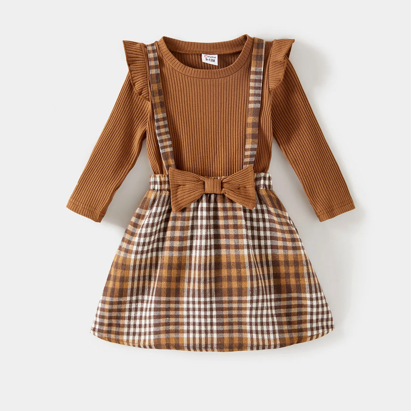Family Matching Coffee Ribbed Spliced Plaid Belted Dresses and Long-sleeve Colorblock Tops Set