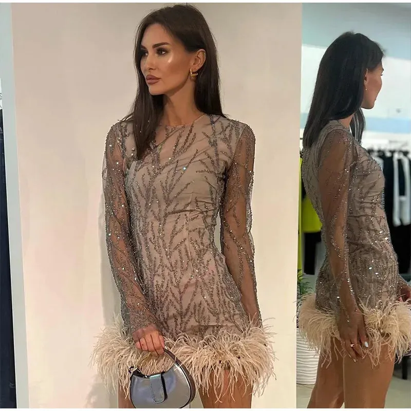 Feather Sequins Mini Sheer Dress