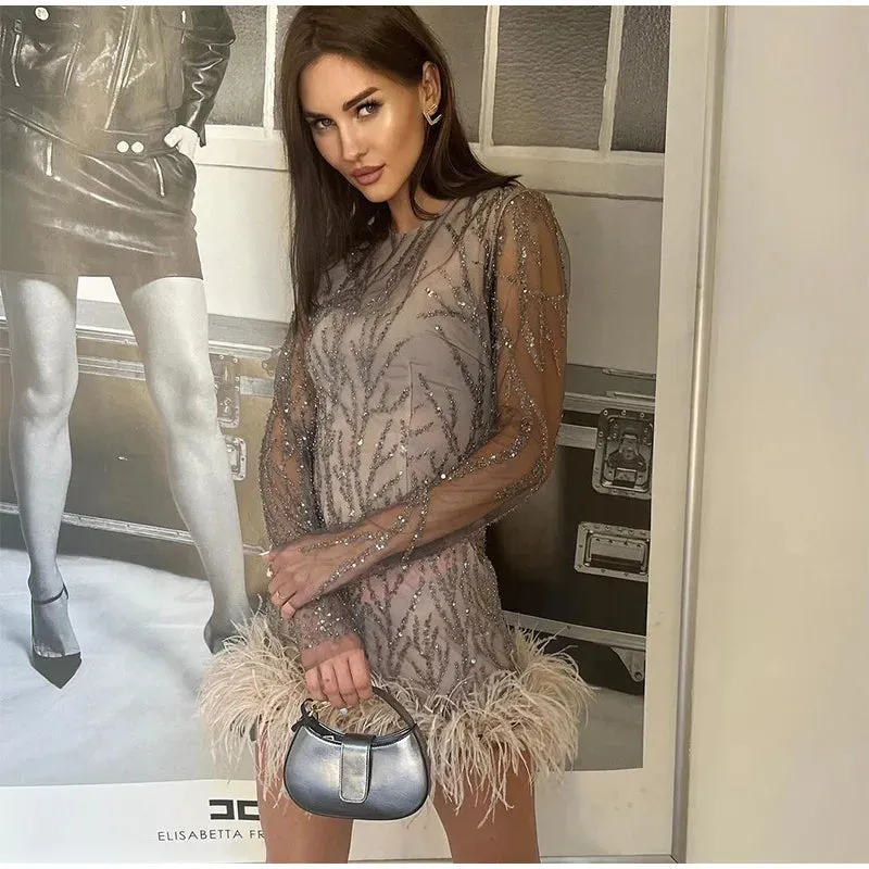 Feather Sequins Mini Sheer Dress