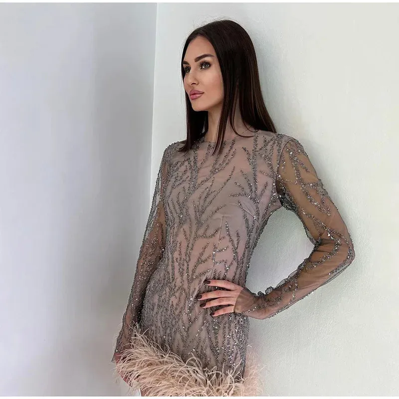 Feather Sequins Mini Sheer Dress