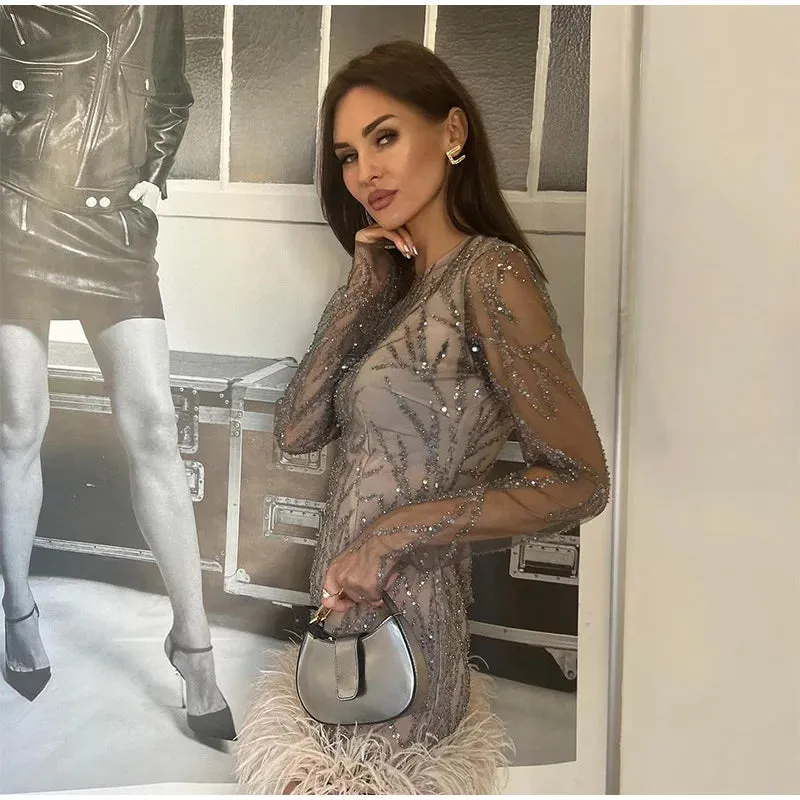 Feather Sequins Mini Sheer Dress