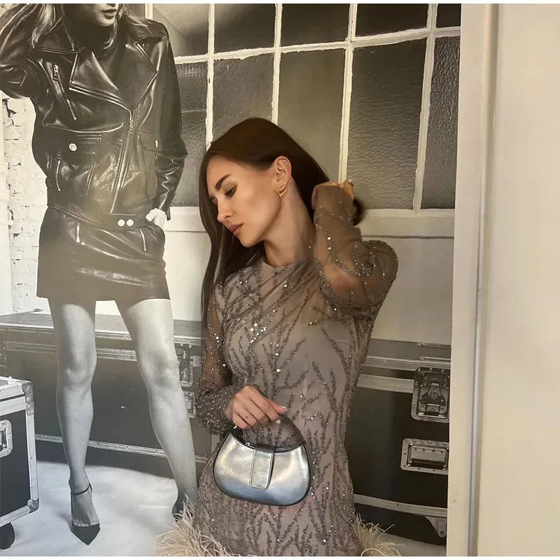 Feather Sequins Mini Sheer Dress