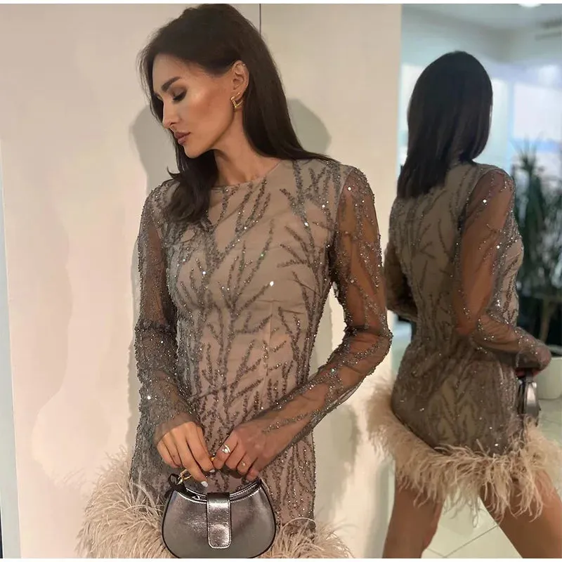 Feather Sequins Mini Sheer Dress