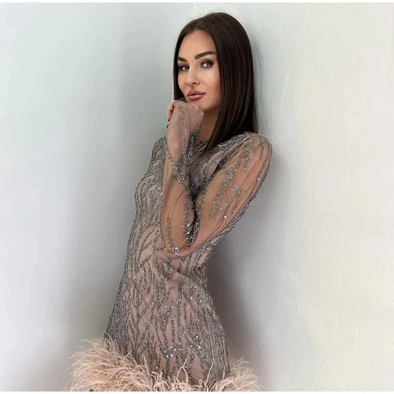 Feather Sequins Mini Sheer Dress