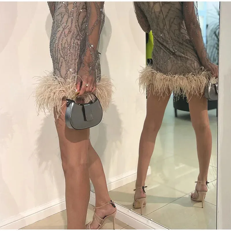 Feather Sequins Mini Sheer Dress