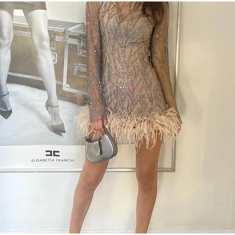Feather Sequins Mini Sheer Dress