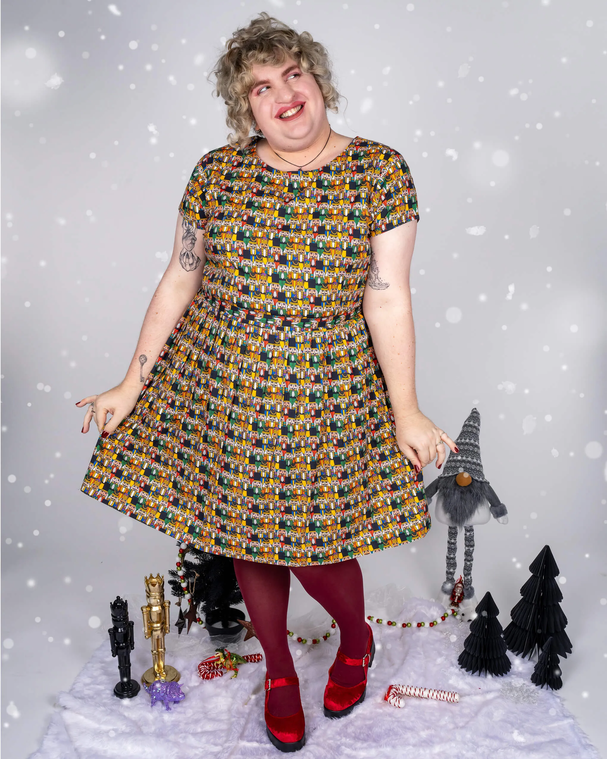 Festive: Nutcracker Parade Stretch Belted Tea Dress with Pockets