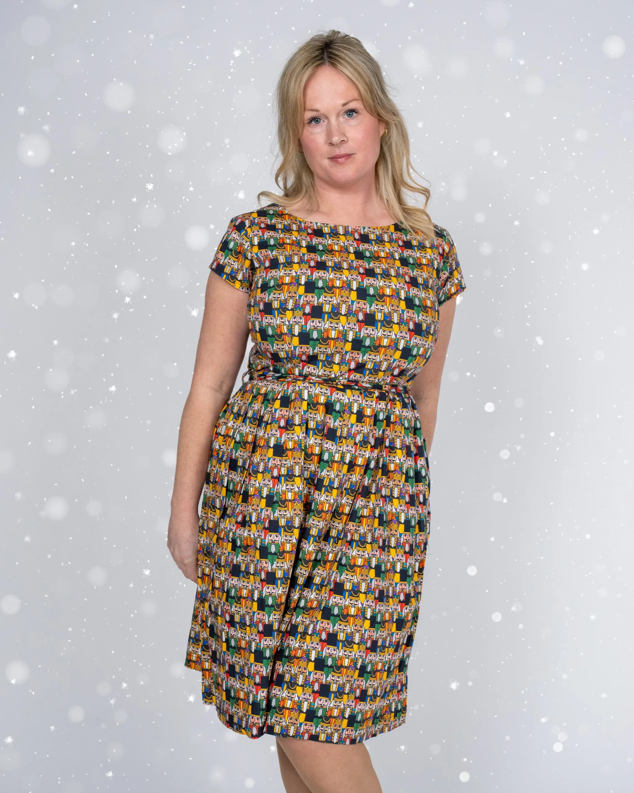 Festive: Nutcracker Parade Stretch Belted Tea Dress with Pockets