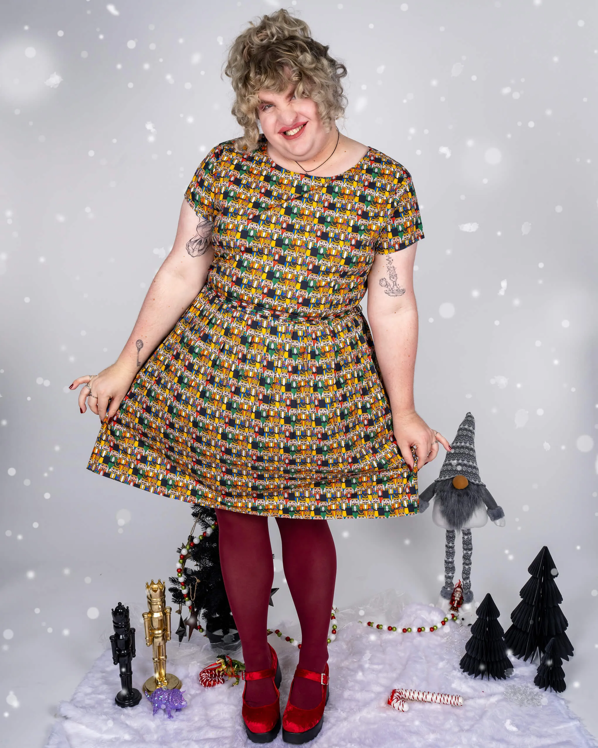 Festive: Nutcracker Parade Stretch Belted Tea Dress with Pockets