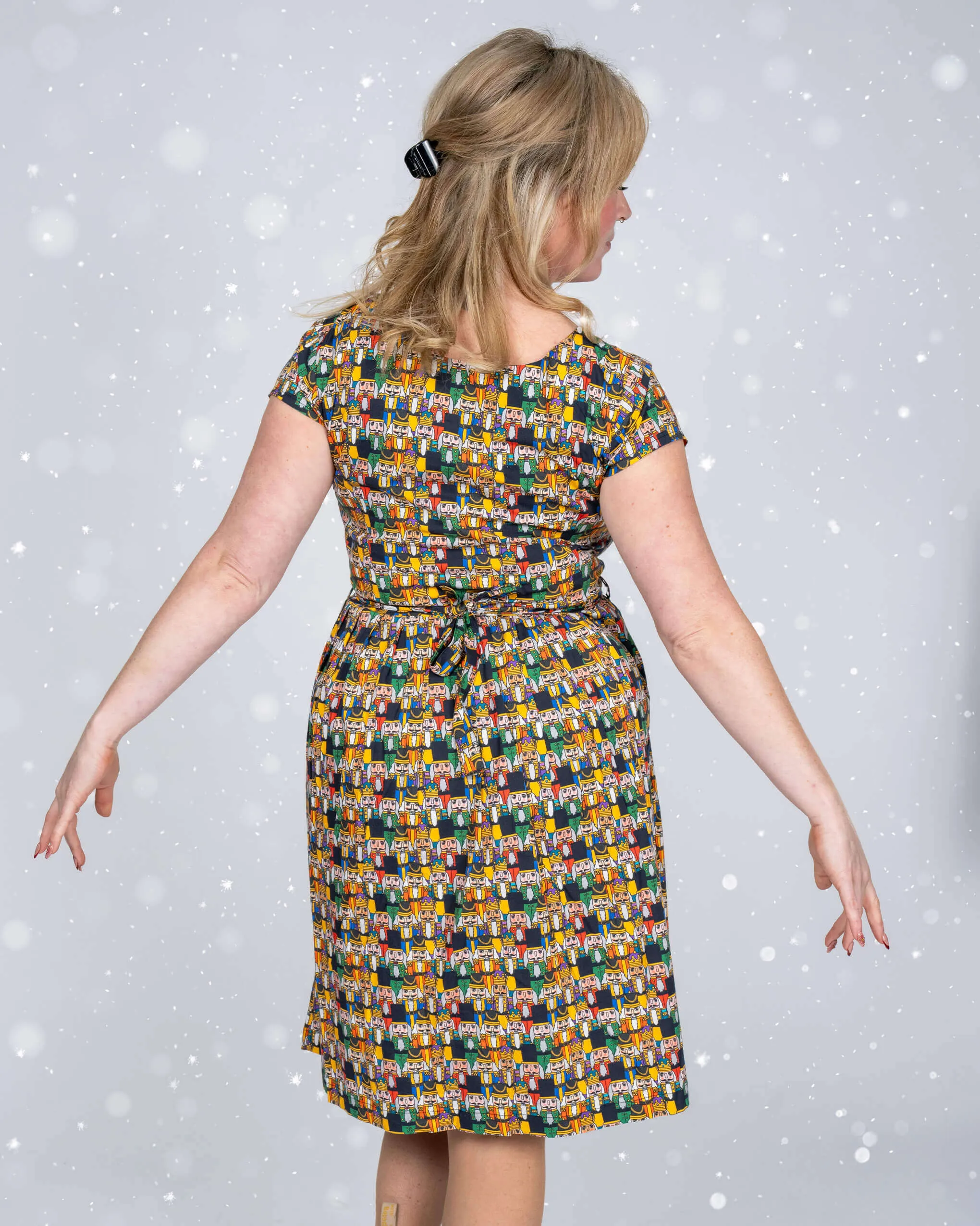 Festive: Nutcracker Parade Stretch Belted Tea Dress with Pockets