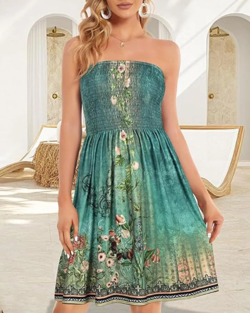 Floral Print Bandeau Sleeveless Ruched Boho Dress Casual Smocked A Line Mini Dress