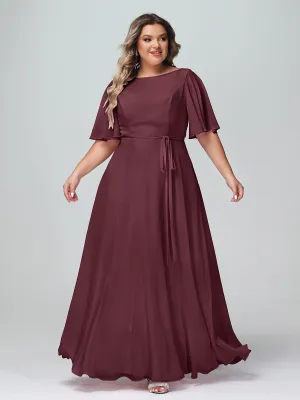 Flutter Sleeves Chiffon Max Dresses with Sash Bow-Cabernet Plus Size