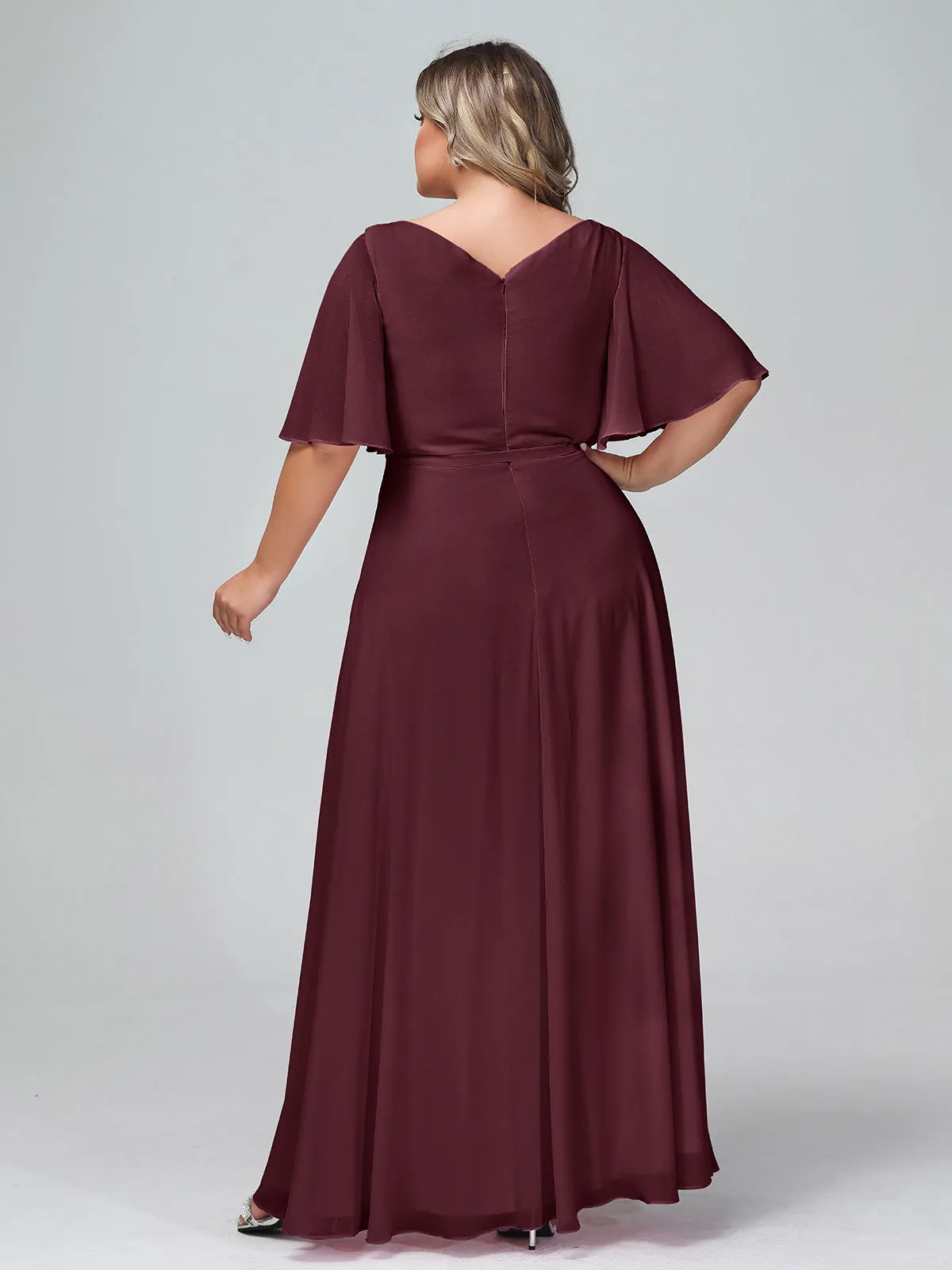 Flutter Sleeves Chiffon Max Dresses with Sash Bow-Cabernet Plus Size
