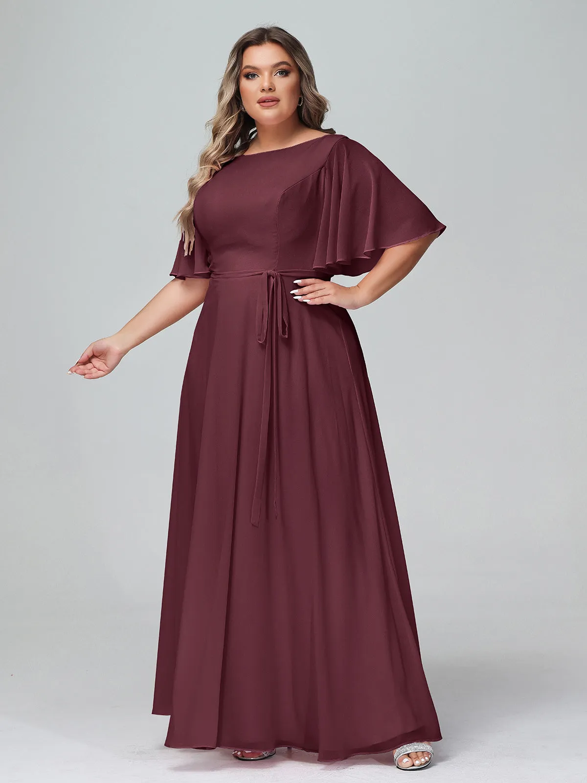Flutter Sleeves Chiffon Max Dresses with Sash Bow-Cabernet Plus Size