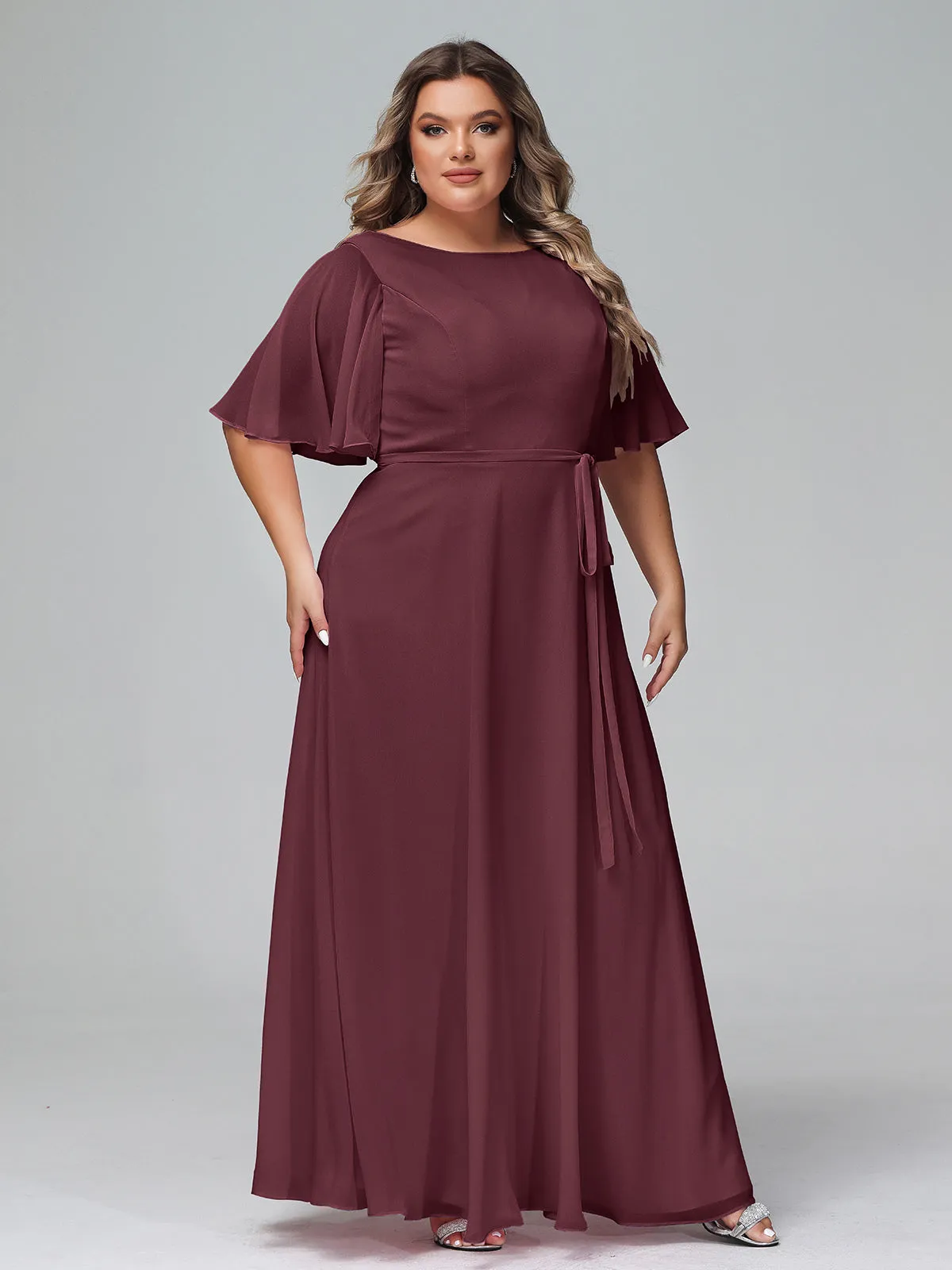 Flutter Sleeves Chiffon Max Dresses with Sash Bow-Cabernet Plus Size
