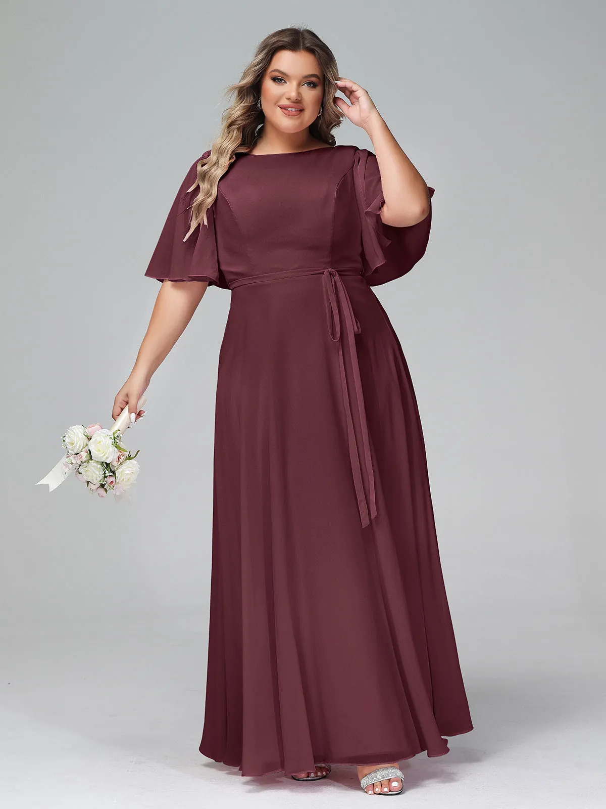 Flutter Sleeves Chiffon Max Dresses with Sash Bow-Cabernet Plus Size