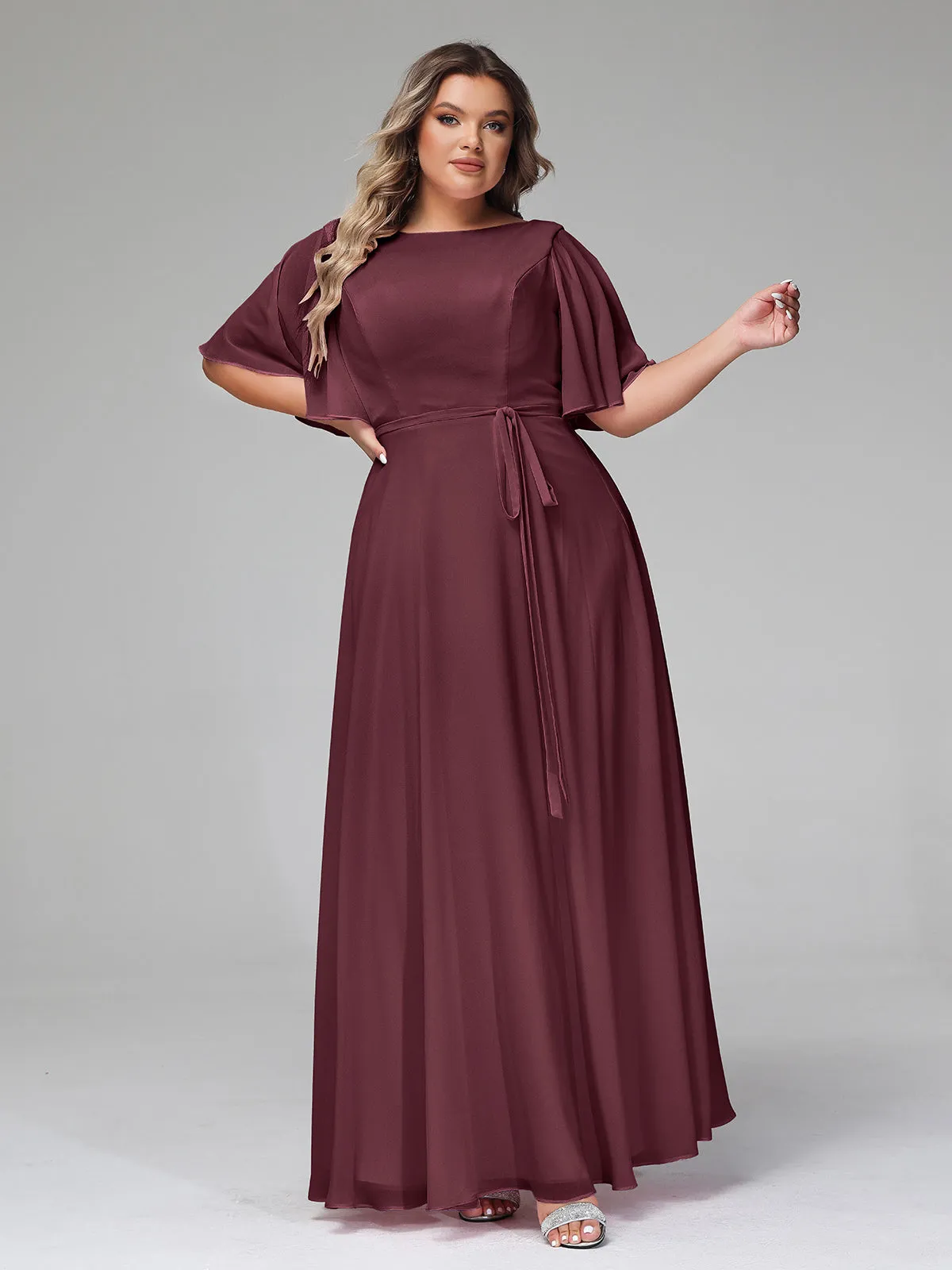 Flutter Sleeves Chiffon Max Dresses with Sash Bow-Cabernet Plus Size