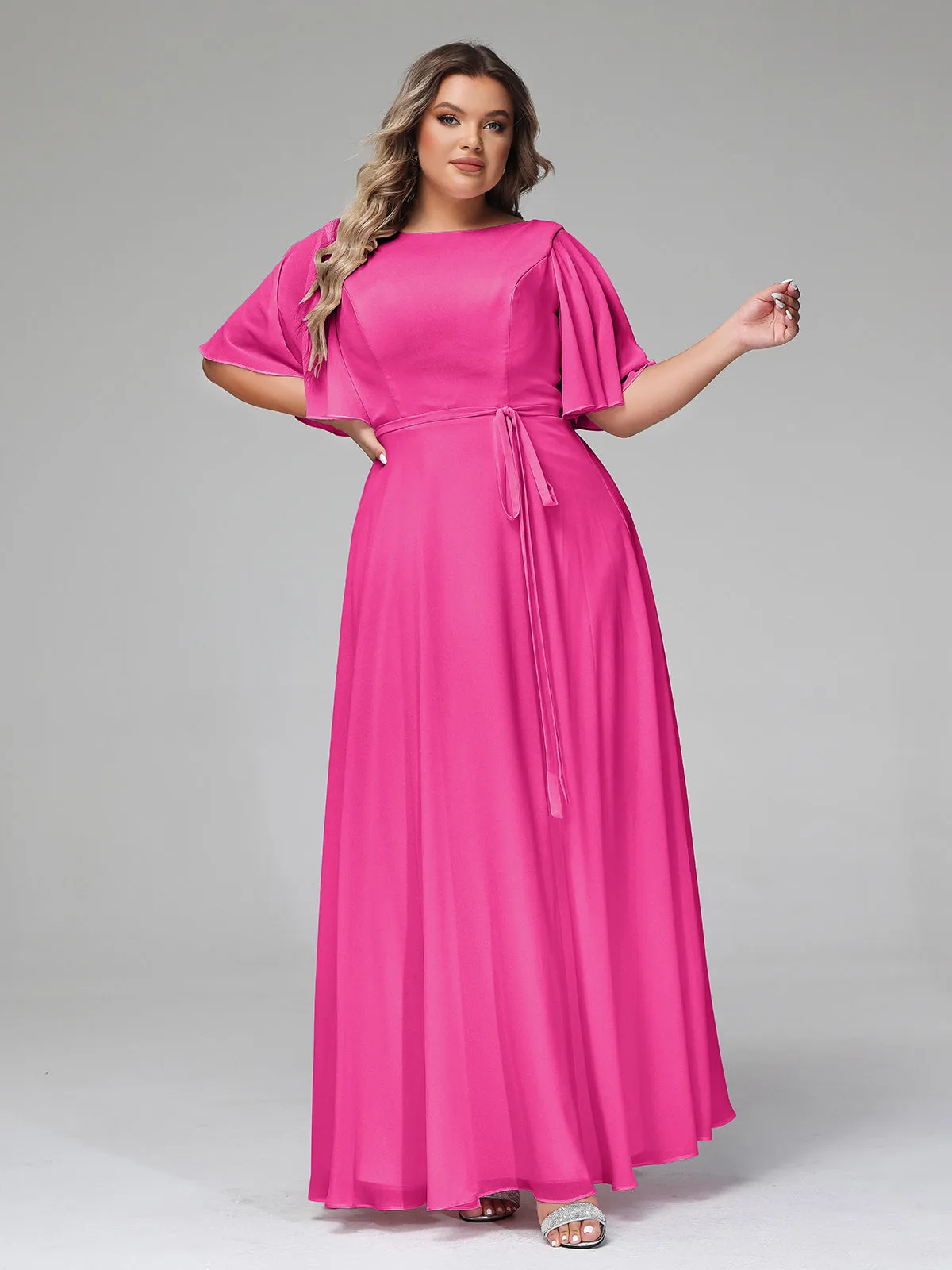 Flutter Sleeves Chiffon Max Dresses with Sash Bow-Fuchsia Plus Size