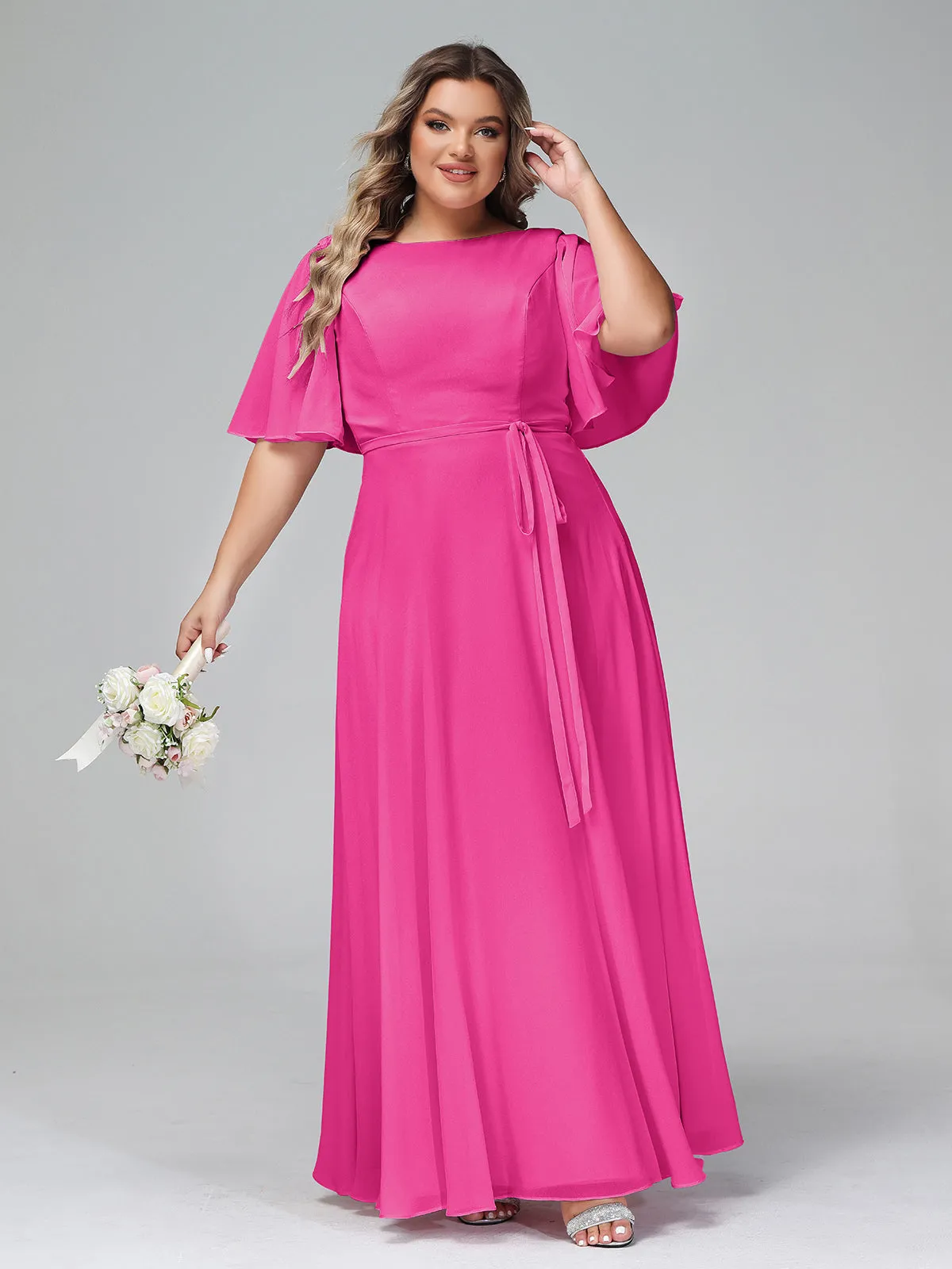 Flutter Sleeves Chiffon Max Dresses with Sash Bow-Fuchsia Plus Size