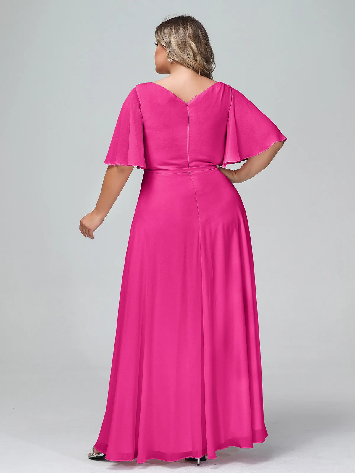 Flutter Sleeves Chiffon Max Dresses with Sash Bow-Fuchsia Plus Size