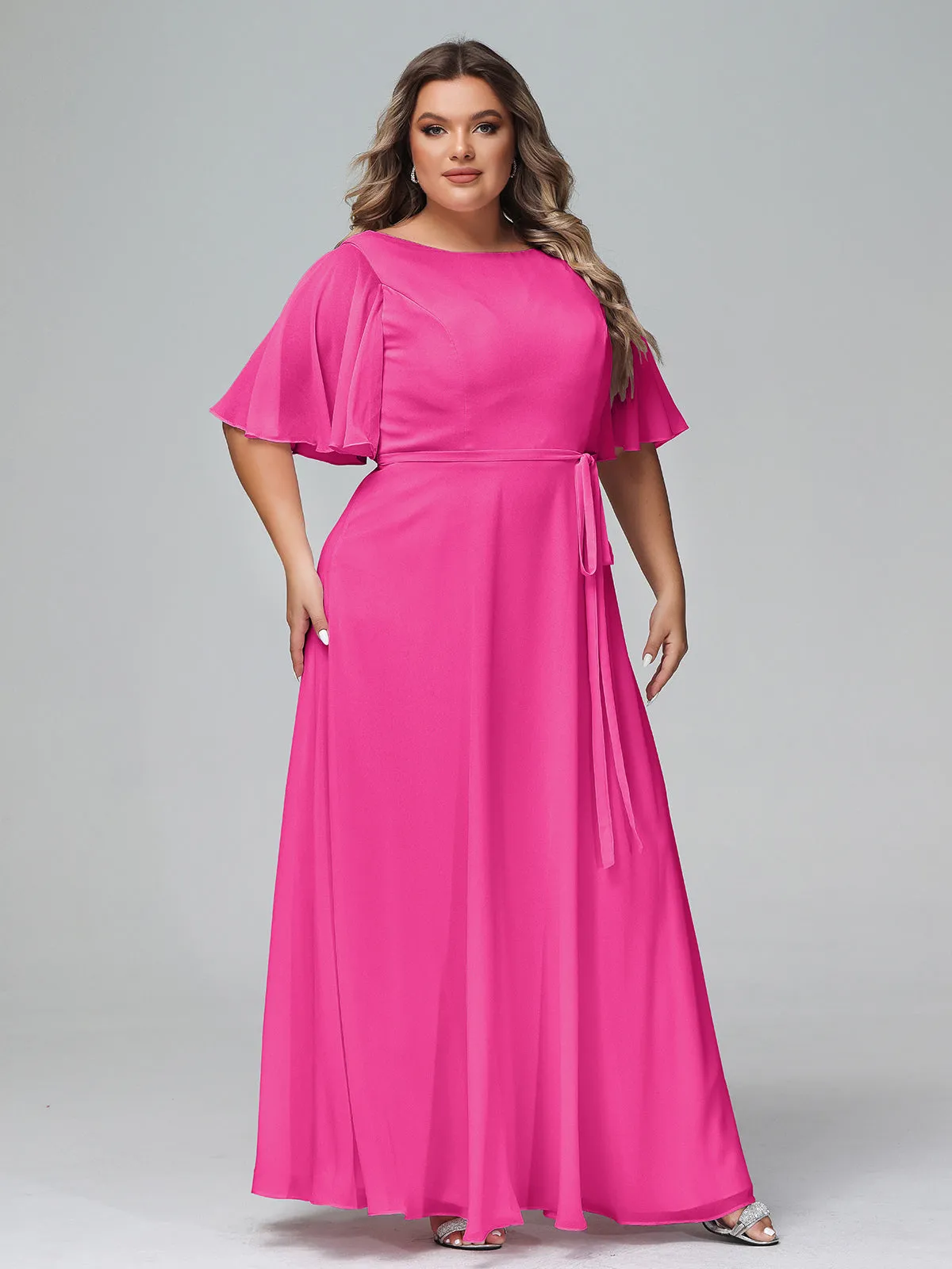 Flutter Sleeves Chiffon Max Dresses with Sash Bow-Fuchsia Plus Size