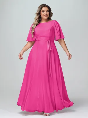 Flutter Sleeves Chiffon Max Dresses with Sash Bow-Fuchsia Plus Size