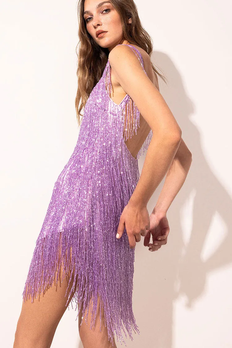 Flytonn-nye outfits Sparkly Scoop Neck Sleeveless Gatsby Fringe Flapper Party Mini Dress - Violet