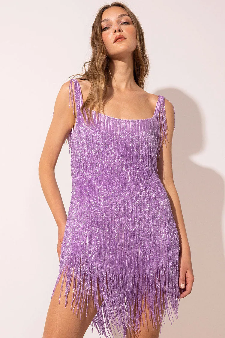 Flytonn-nye outfits Sparkly Scoop Neck Sleeveless Gatsby Fringe Flapper Party Mini Dress - Violet