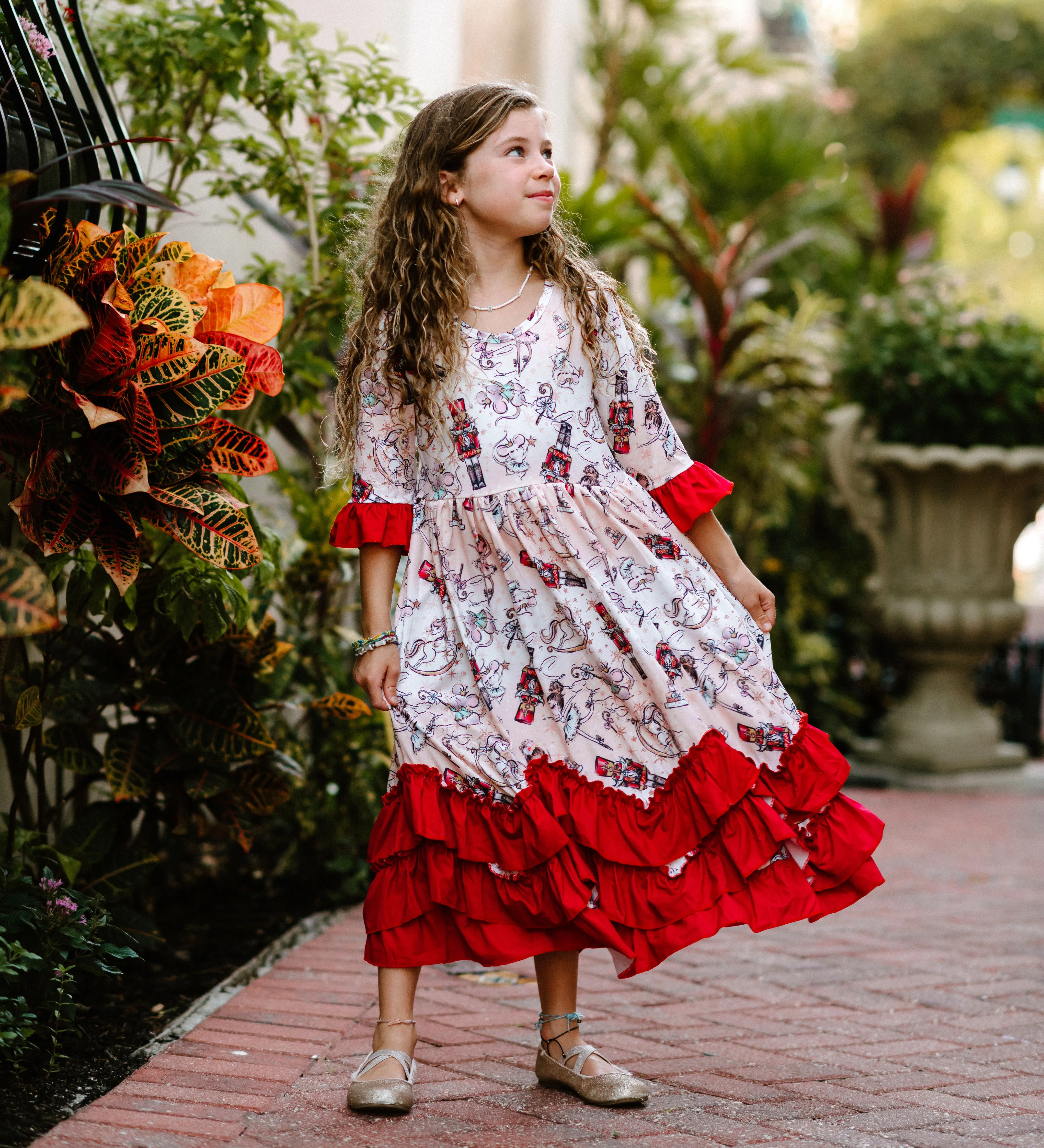 Girls Long Ruffle Holiday/Christmas  Dresses - Red Nutcracker