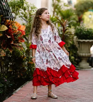 Girls Long Ruffle Holiday/Christmas  Dresses - Red Nutcracker