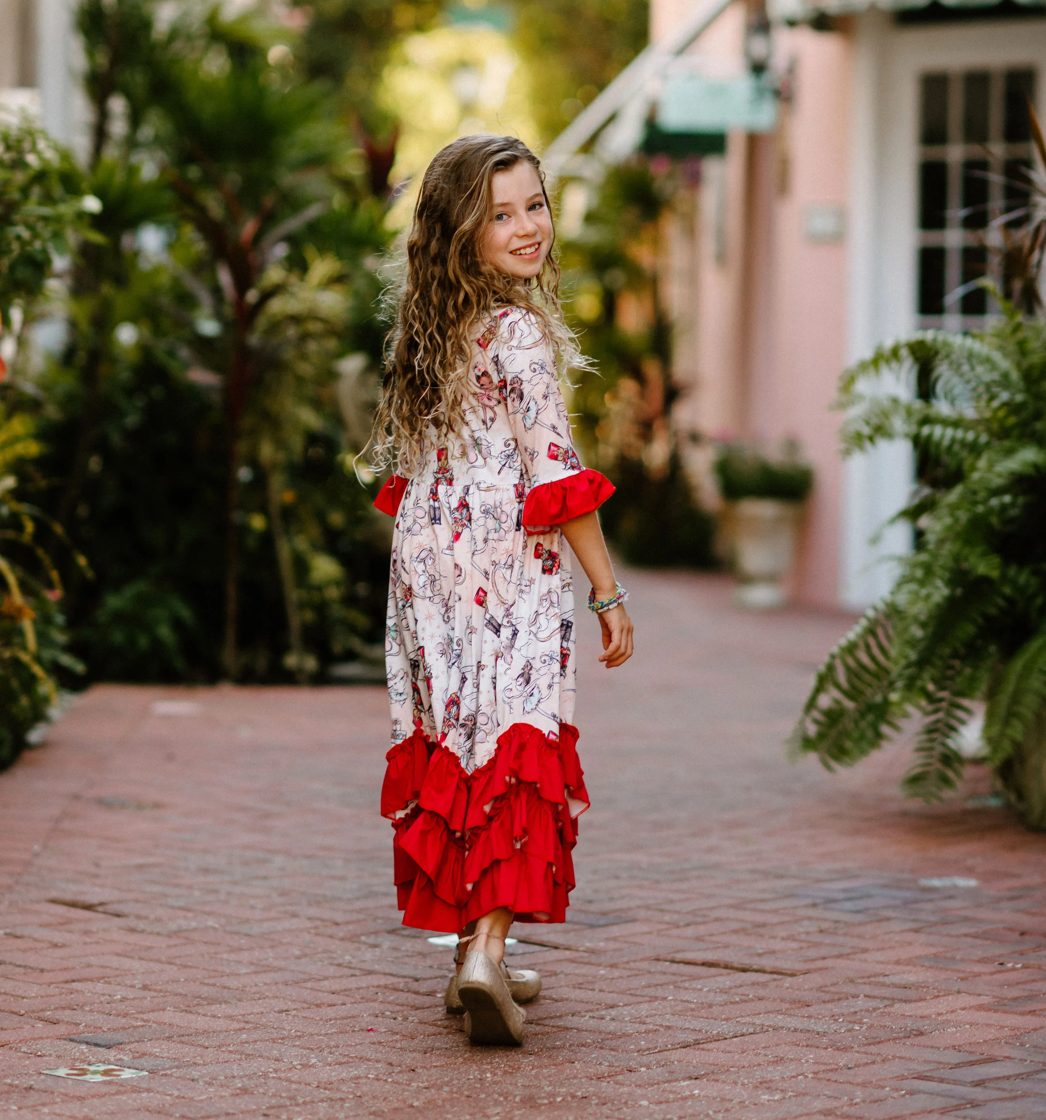 Girls Long Ruffle Holiday/Christmas  Dresses - Red Nutcracker
