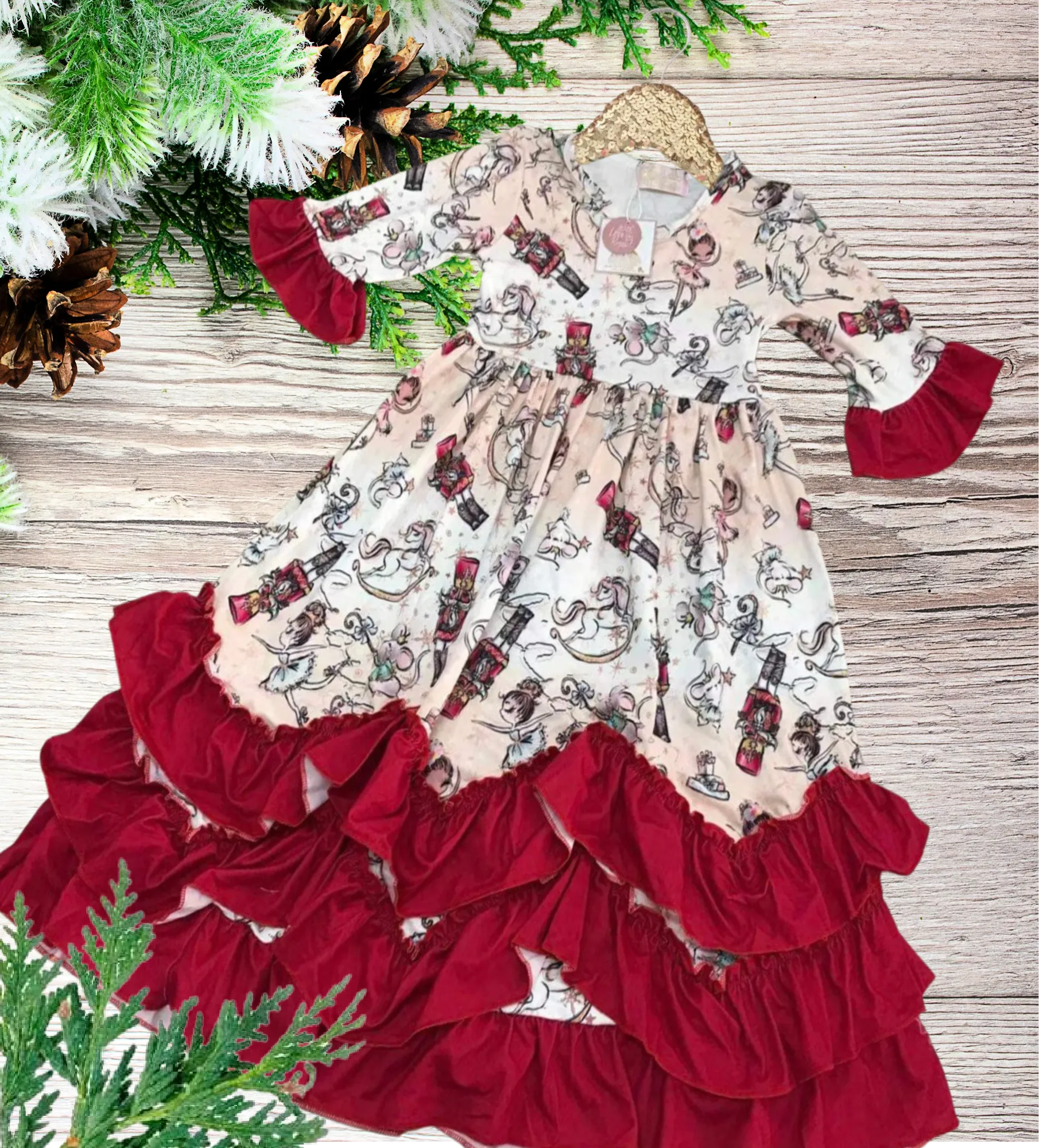 Girls Long Ruffle Holiday/Christmas  Dresses - Red Nutcracker