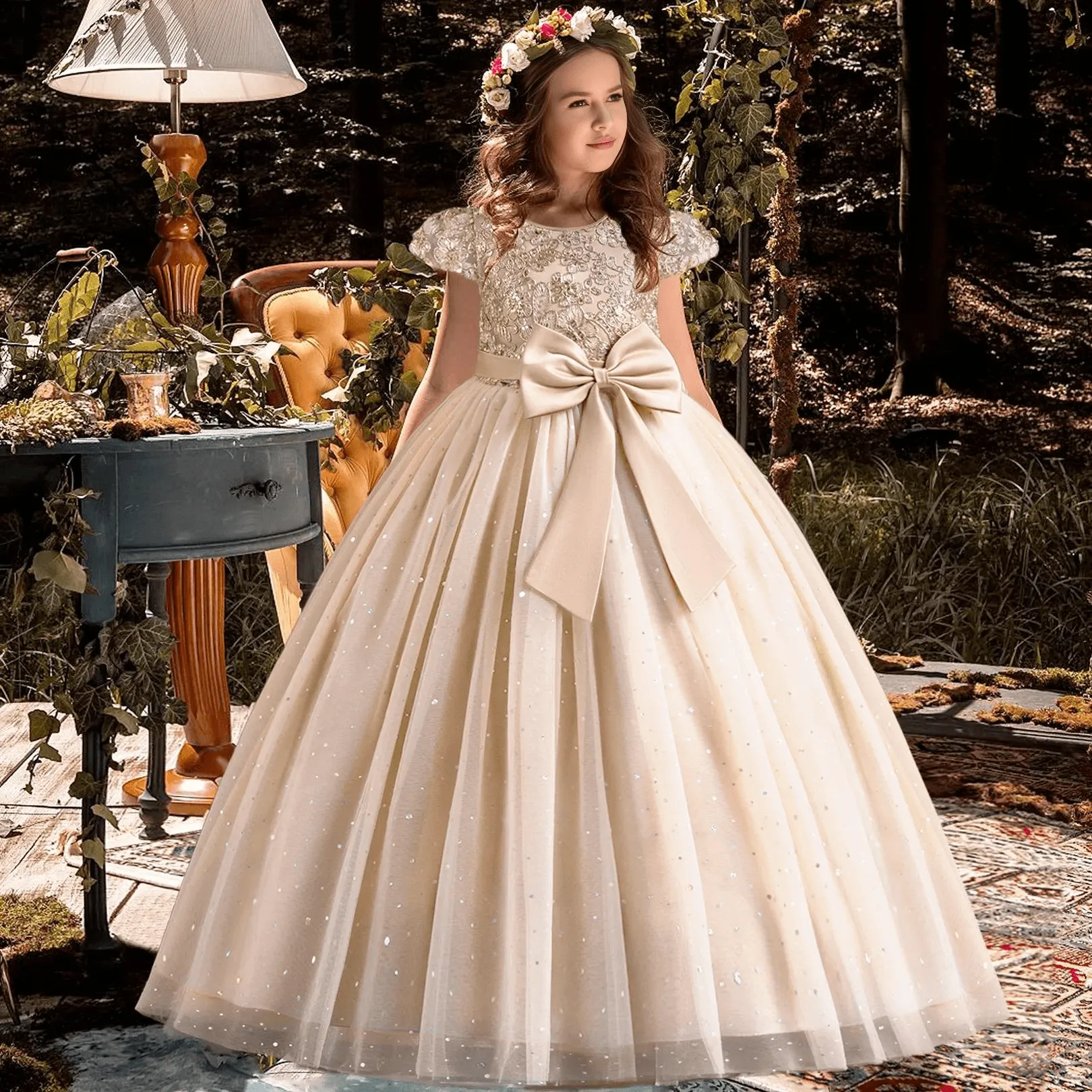 Girls Princess Bridesmaid Dress Kids Long Ball Gowns Children Wedding Birthday Party Bow Lace Dresses Christmas