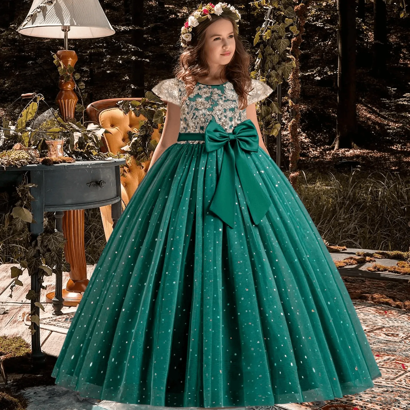 Girls Princess Bridesmaid Dress Kids Long Ball Gowns Children Wedding Birthday Party Bow Lace Dresses Christmas