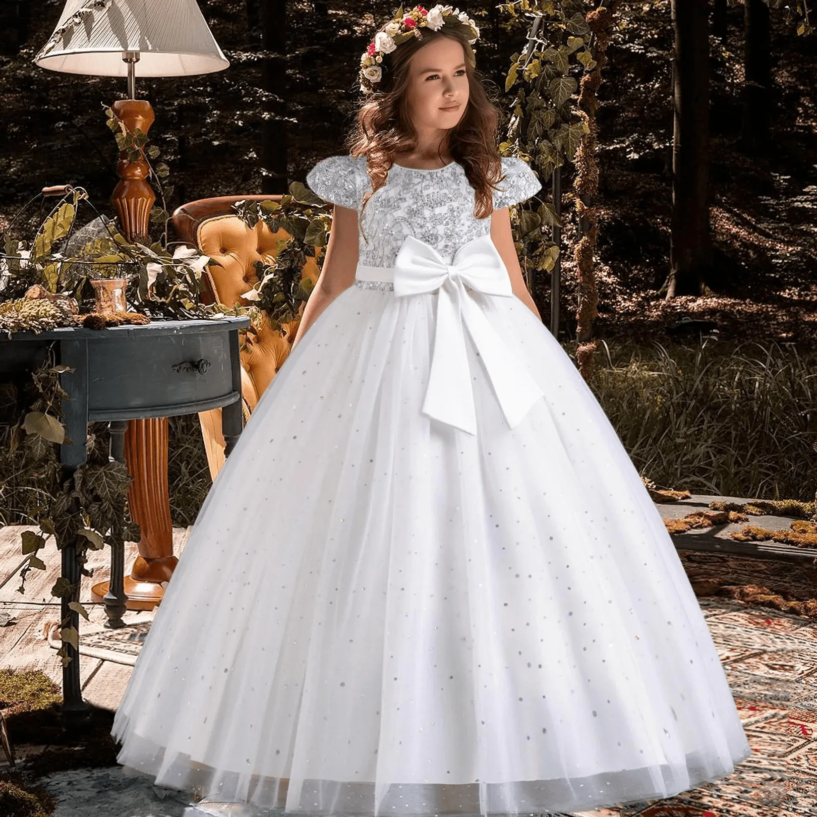 Girls Princess Bridesmaid Dress Kids Long Ball Gowns Children Wedding Birthday Party Bow Lace Dresses Christmas